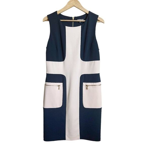 Neiman Marcus Navy Blue Pink Sheath Dress Sz 14 Colorblock Knee Length Zipper - Picture 1 of 5